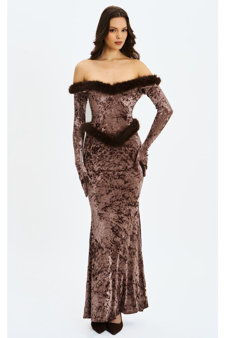 Tessa Sweetheart Bardot Faux Fur Velvet Mermaid Maxi Dress, Main, color, Coffee