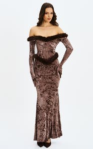 Miss Circle Tessa Sweetheart Bardot Faux Fur Velvet Mermaid Maxi Dress