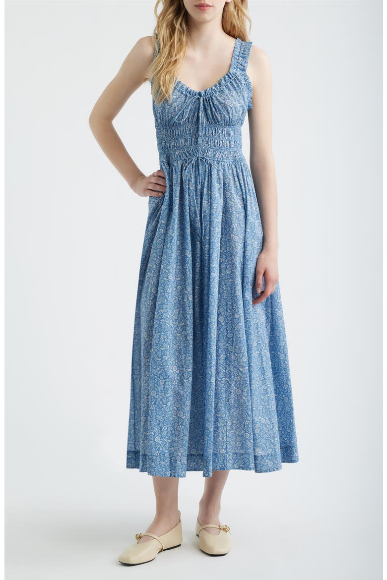 Ditsy Floral Organic Cotton Smocked Midi Dress, Main, color, BLUE GARDEN BLOOM