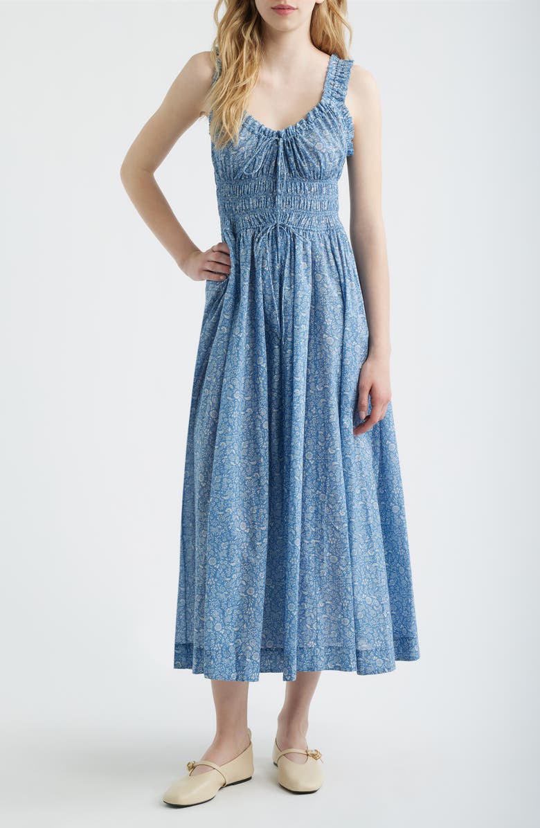 DÔEN Ditsy Floral Organic Cotton Smocked Midi Dress, Main, color, Blue Garden Bloom
