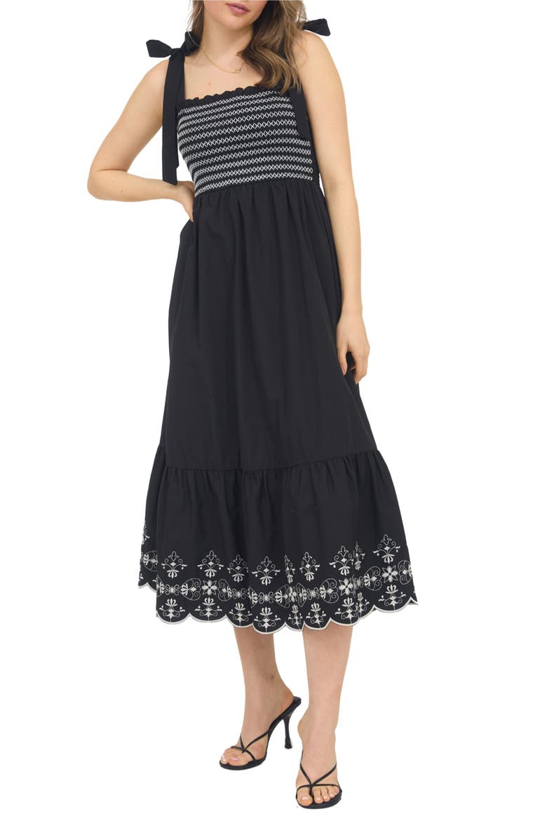 Embroidered Smocked Dress, Main, color, BLACK