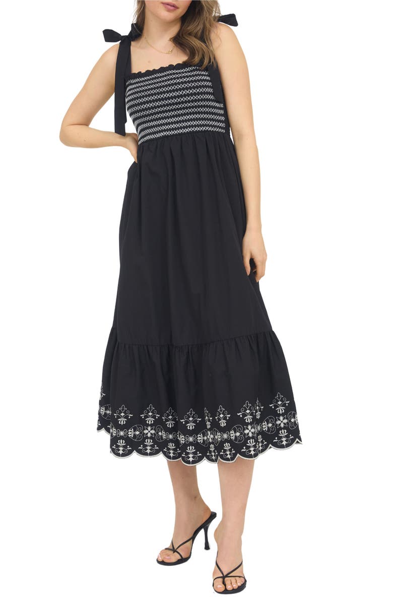 AUGUST SKY Embroidered Smocked Dress, Main, color, Black