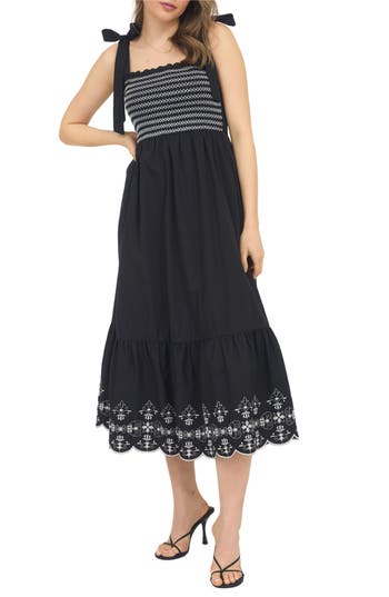 August Sky Embroidered Smocked Dress In Black