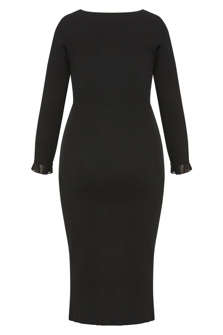 Auralie Ruffle Detail Long Sleeve Rib Sweater Dress, Alternate, color, BLACK
