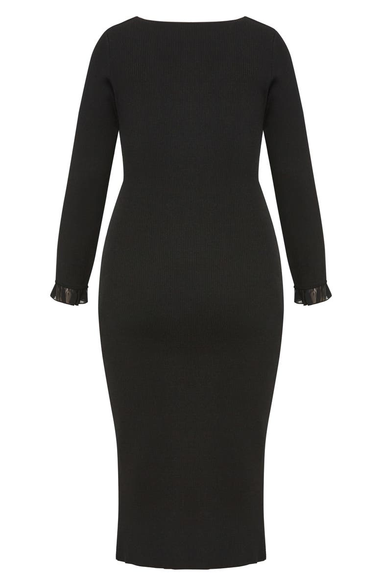 City Chic Auralie Ruffle Detail Long Sleeve Rib Sweater Dress, Alternate, color, Black