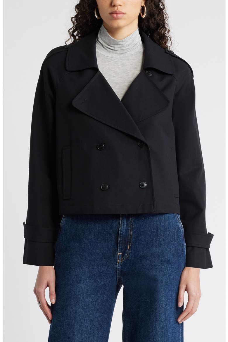 Crop Stretch Cotton Trench Coat, Main, color, BLACK