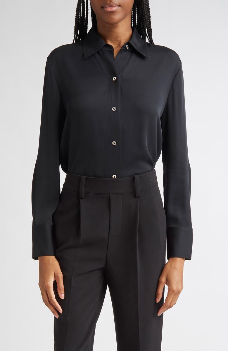 Vince Stretch Silk Button-Up Shirt, Main, color, Black