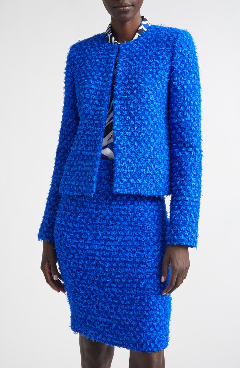 ST. JOHN Wool Blend Fringed Eyelash Yarn Jacket, Main, color, Cobalt Multi