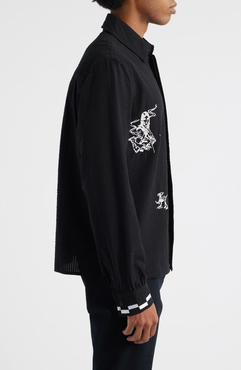 JUNGLES Live Life with Ease Embroidered Button-Up Shirt, Alternate, color, Black