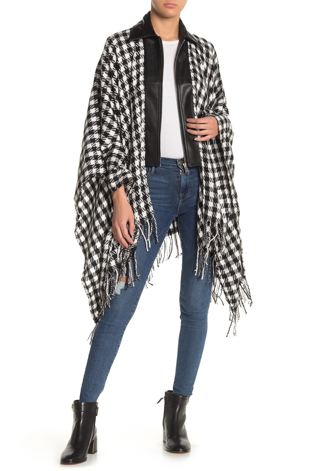 Adrienne Vittadini Woven Houndstooth Faux Leather Moto Ruana Wrap ...