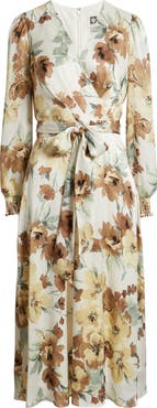 Anne Klein Floral Long Sleeve Faux Wrap Midi Dress