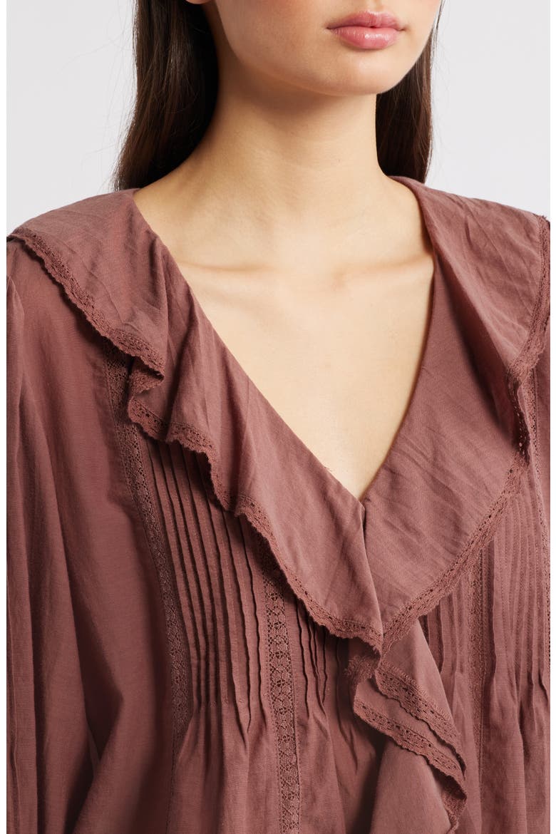 Lace Insert Ruffle Pintuck Long Sleeve Top, Alternate, color, BURNT SOIL