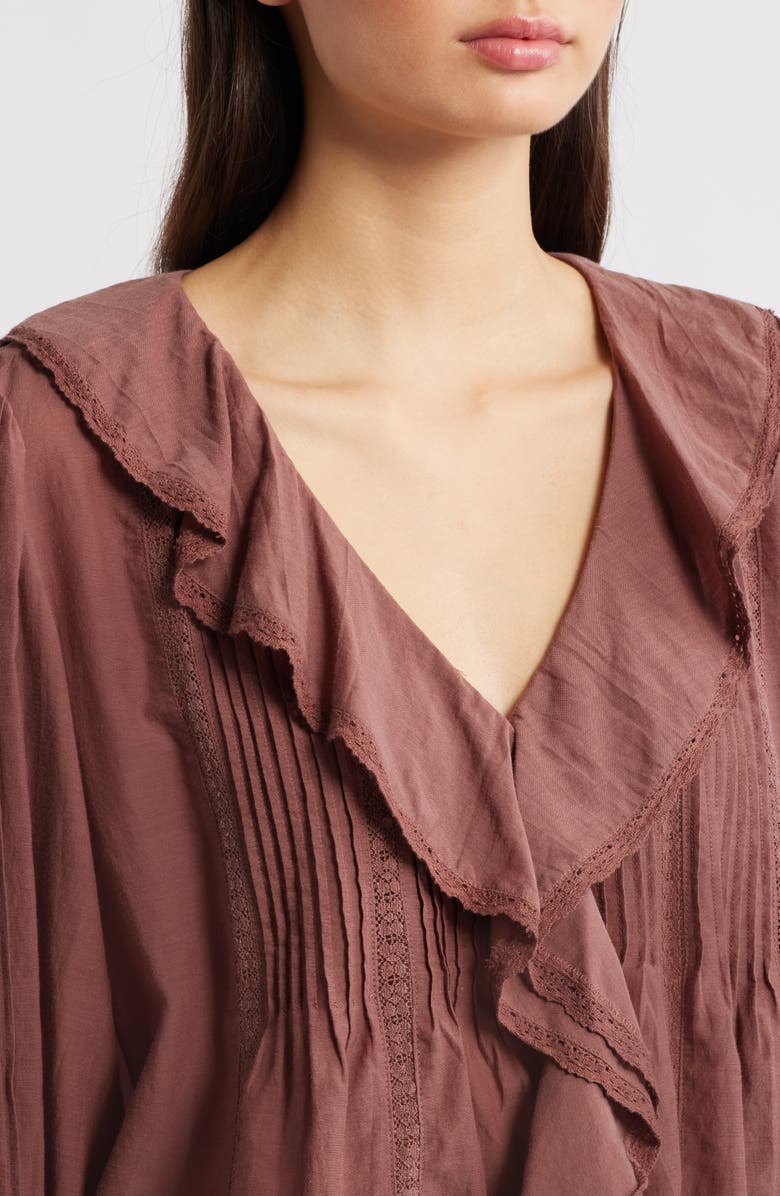 Madewell Lace Insert Ruffle Pintuck Long Sleeve Top, Alternate, color, Burnt Soil