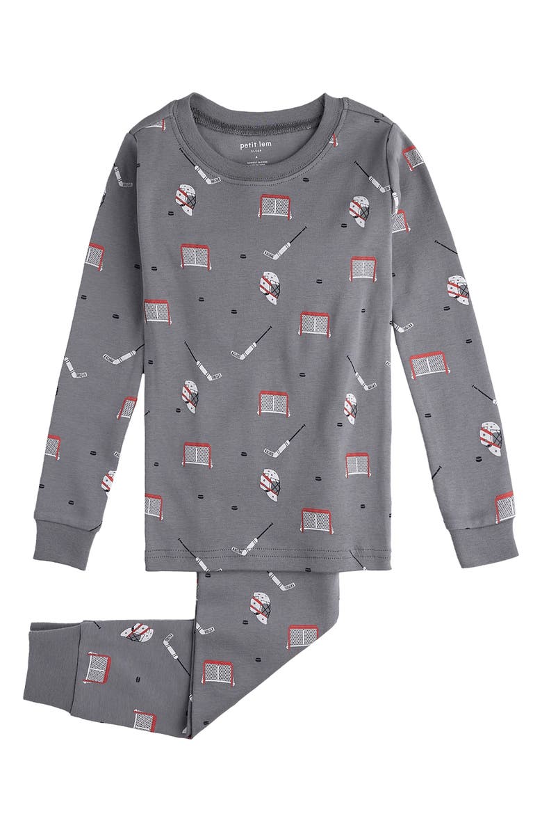 Petit Lem Kids' Hockey Gear Print Fitted Organic Cotton Two-Piece Pajamas, Alternate, color, 