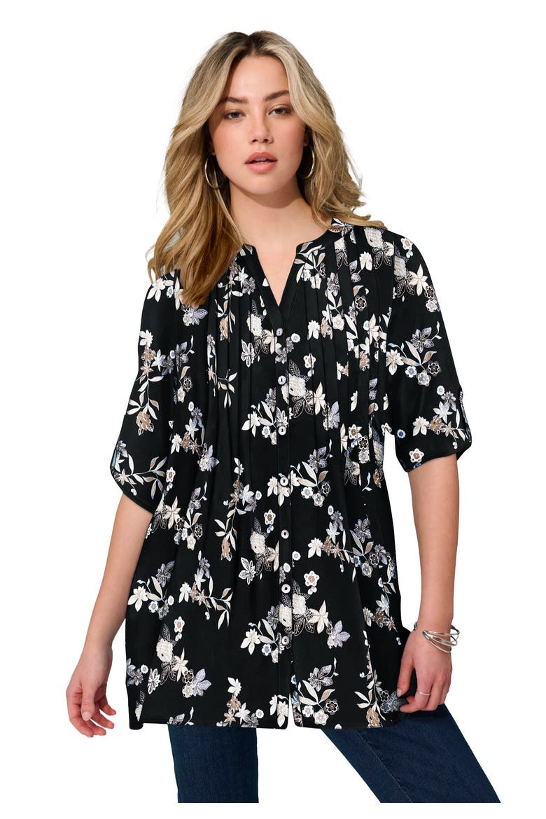 Pintuck Tunic Blouse Y Neck & Roll Tab Sleeves, Main, color, BLACK BATIK VINE