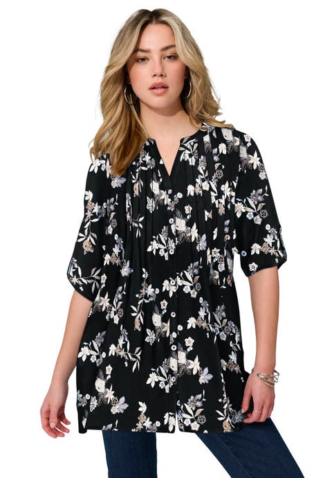 Pintuck Tunic Blouse Y-Neck & Roll-Tab Sleeves