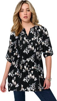Roaman's Pintuck Tunic Blouse Y Neck & Roll Tab Sleeves