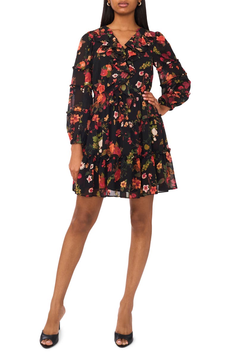 CeCe Floral Long Sleeve Ruffle Dress, Alternate, color, Ruby Wine