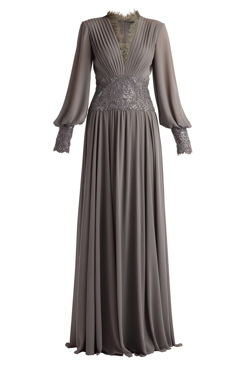 Sequin & Lace Pleated Long Sleeve Chiffon Gown, Alternate, color, MIST