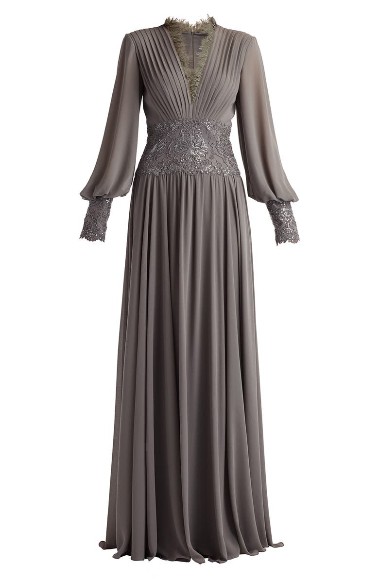 Tadashi Shoji Sequin Lace Detail Long Sleeve Chiffon Gown, Alternate, color, Mist