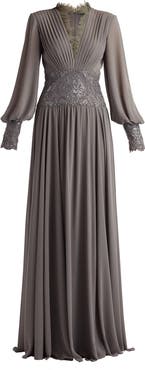 Tadashi Shoji Sequin & Lace Pleated Long Sleeve Chiffon Gown