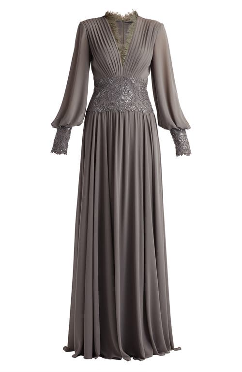Tadashi Shoji Sequin Lace Detail Long Sleeve Chiffon Gown In Gray