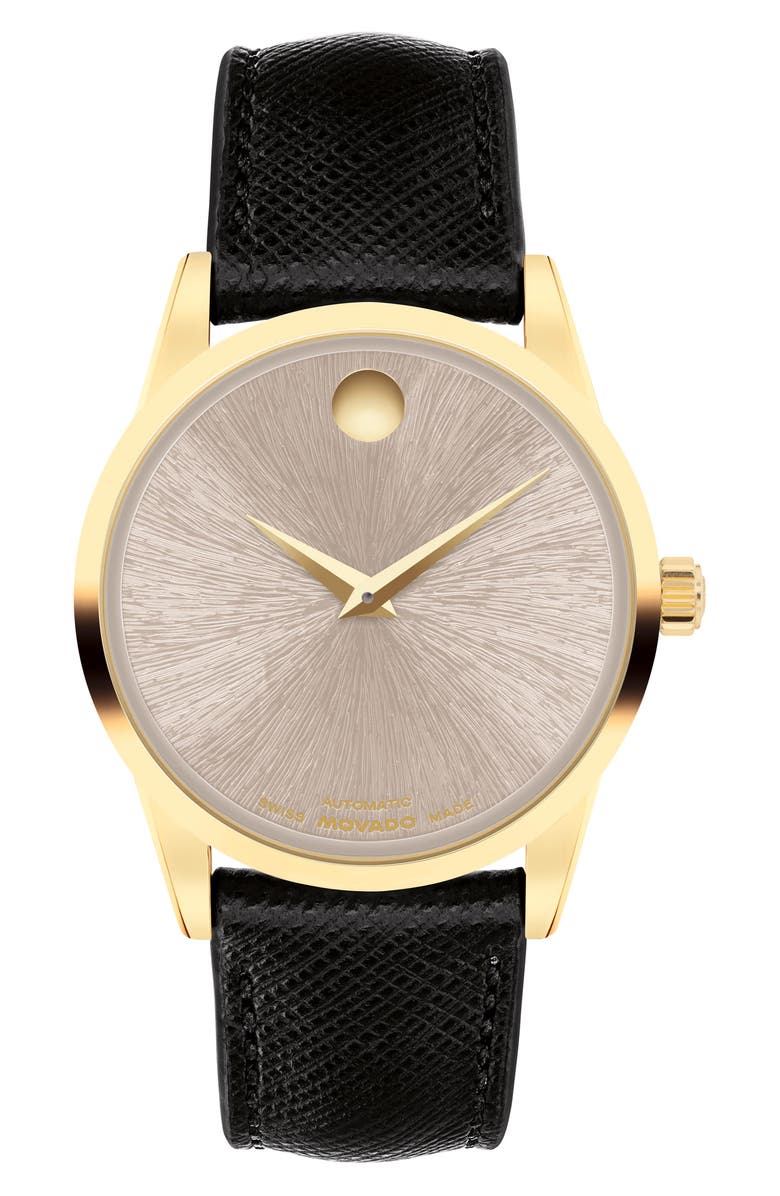 Movado Museum Classic Automatic Leather Strap Watch, 33mm, Main, color, Grey/ Black