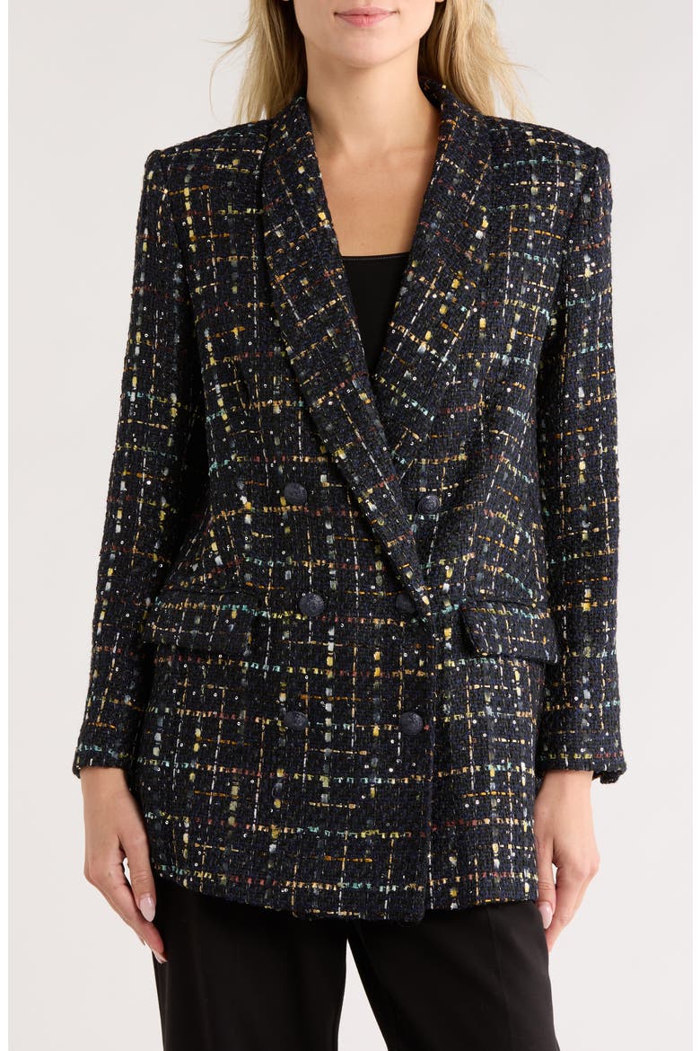 Jayda Relax Fit Double Breasted Tweed Blazer, Main, color, MIDNIGHT/ MUSTARD PLAID