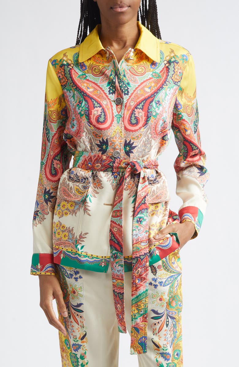 Etro Floral Paisley Belted Twill Field Jacket, Main, color, Print On White Base