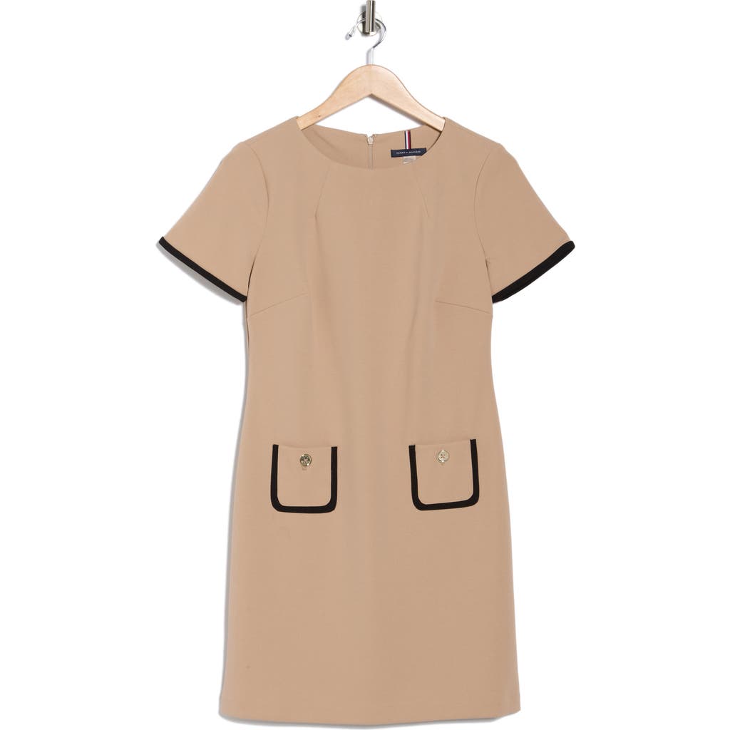 Tommy Hilfiger Short Sleeve Scuba Crepe Contrast Trim Dress In Neutral