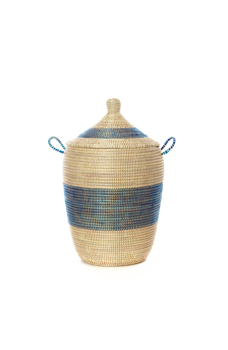 African Modern Set of Three Blue and Cream Mixed Pattern Hampers, Alternate, color, Blue And Cream