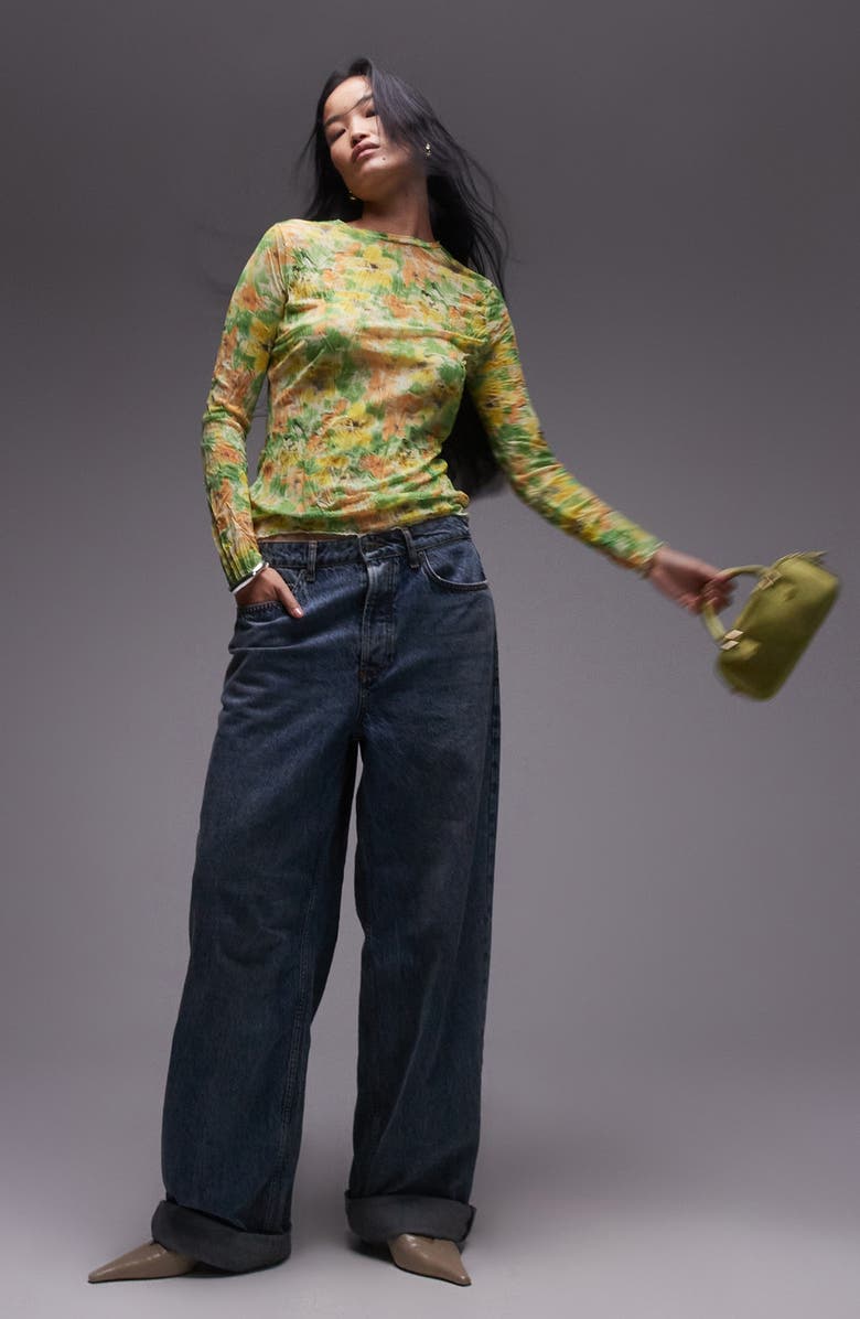 Topshop Watercolor Floral Crinkle Top, Alternate, color, Medium Green