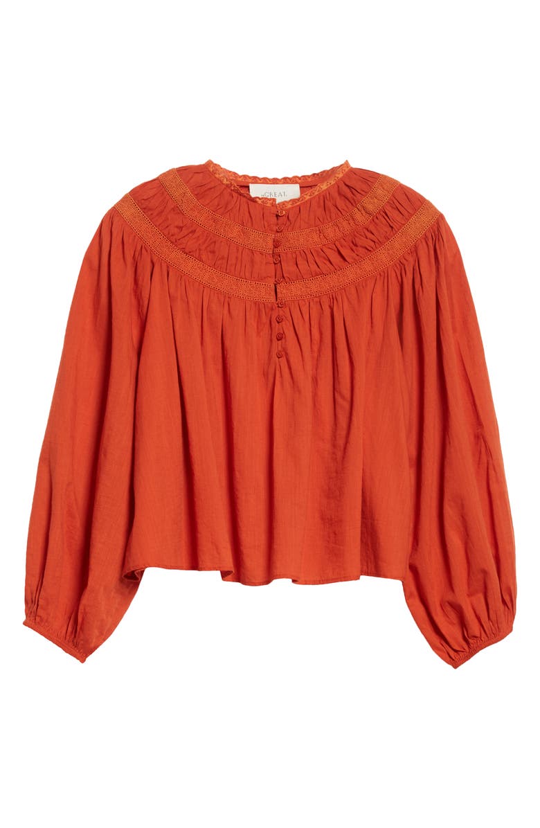 THE GREAT. The Picturesque Lace Yoke Top, Alternate, color, Tabasco