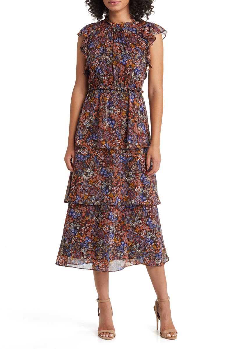 Julia Jordan Floral Ruffle Tiered Midi Dress, Main, color,