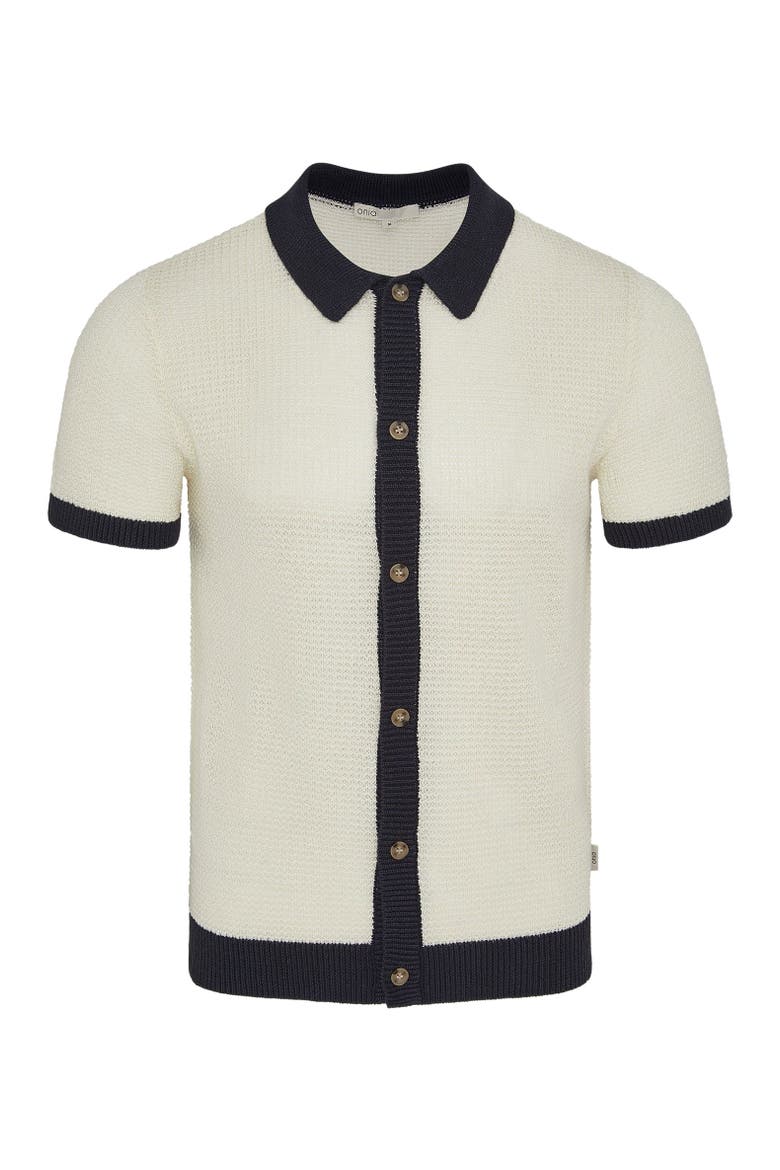 Linen Short Sleeve Button Up Sweater, Alternate, color, Midnight/Egret
