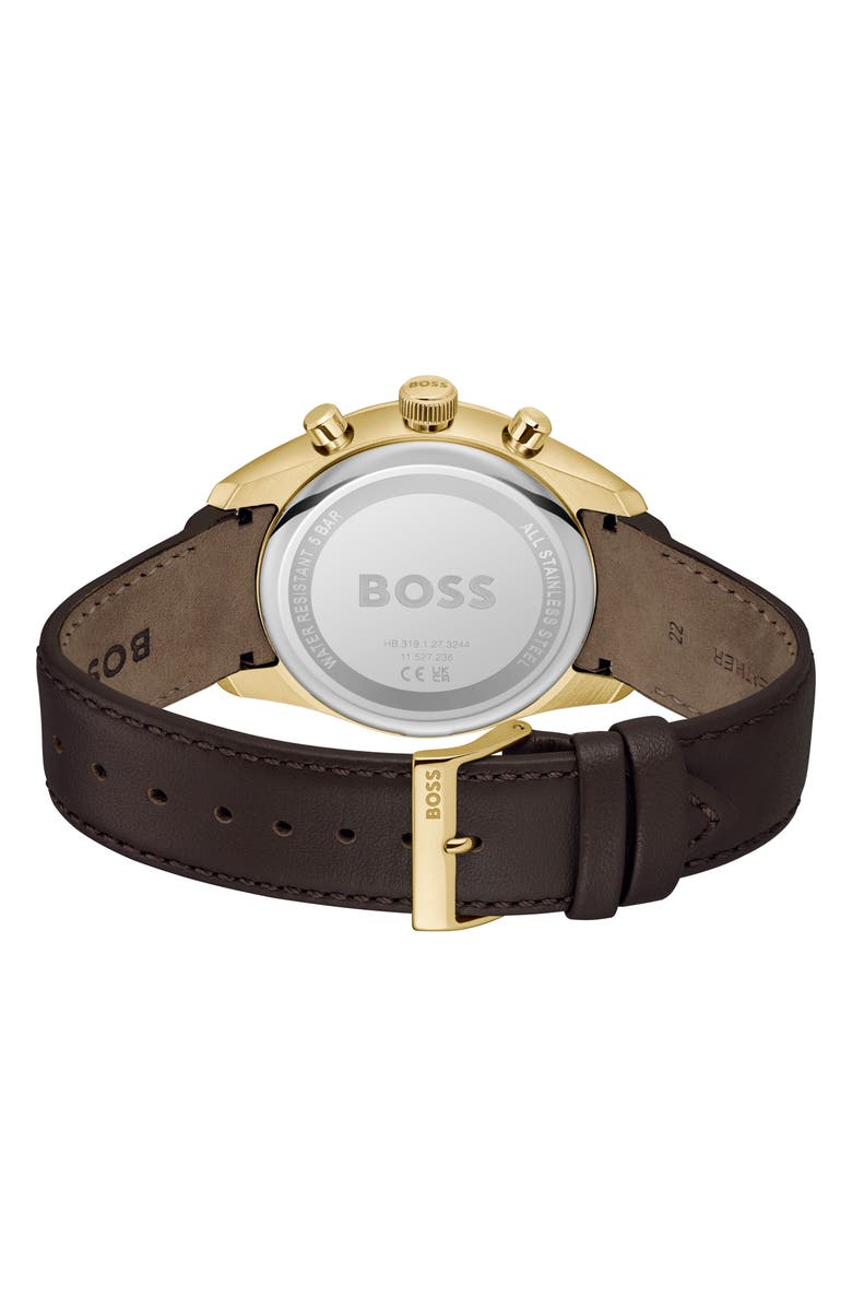 BOSS Grand Prix Leather Strap Watch, 44.5mm, Alternate, color, Silver White