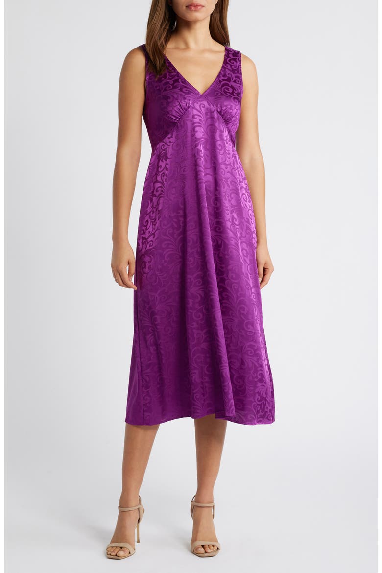 Sleeveless Satin Jacquard Midi Dress, Main, color, MAGENTA