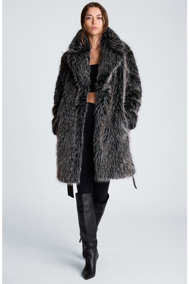 Belted Faux Fur Midi Coat, Alternate, color, BLACK MULTI