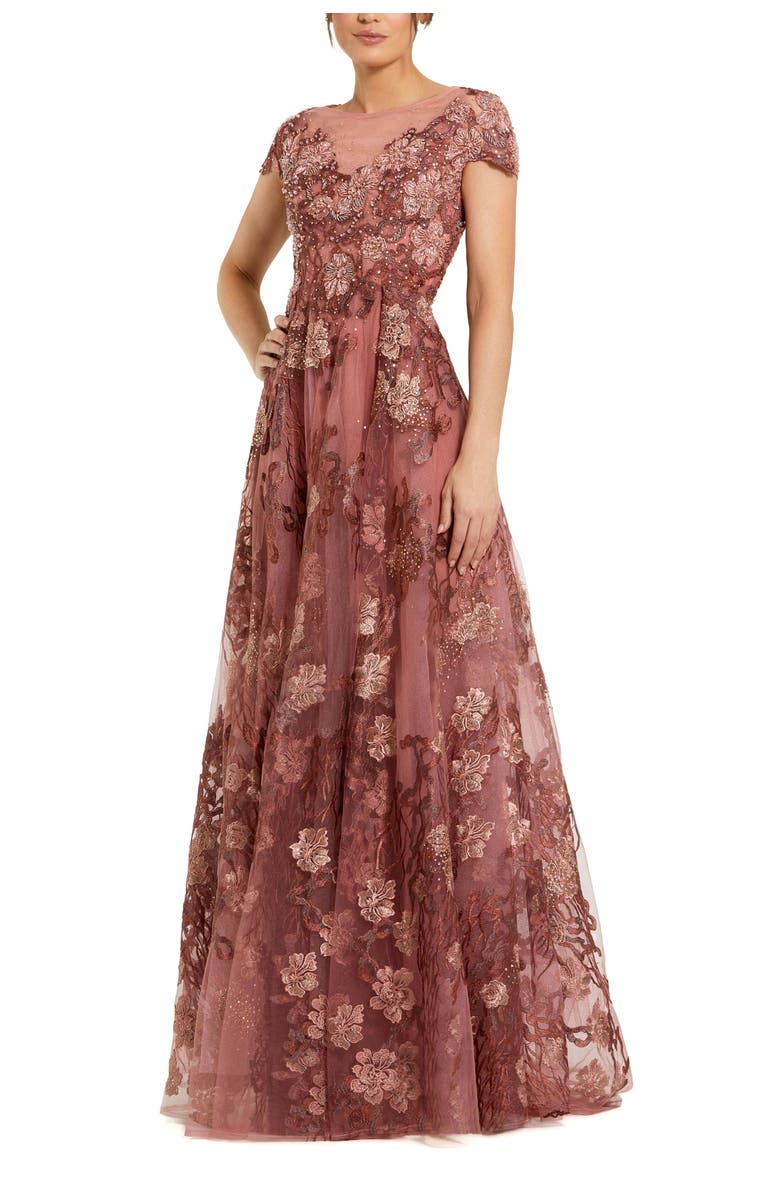 Mac Duggal Floral Embroidered Cap Sleeve Evening Gown, Main, color, Cinnamon