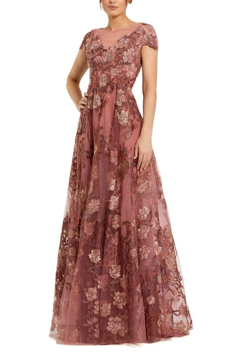 Floral Embroidered Cap Sleeve Evening Gown