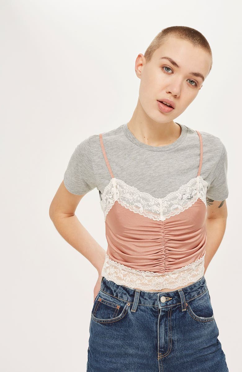 Topshop Ruched Satin & Lace Camisole, Alternate, color,