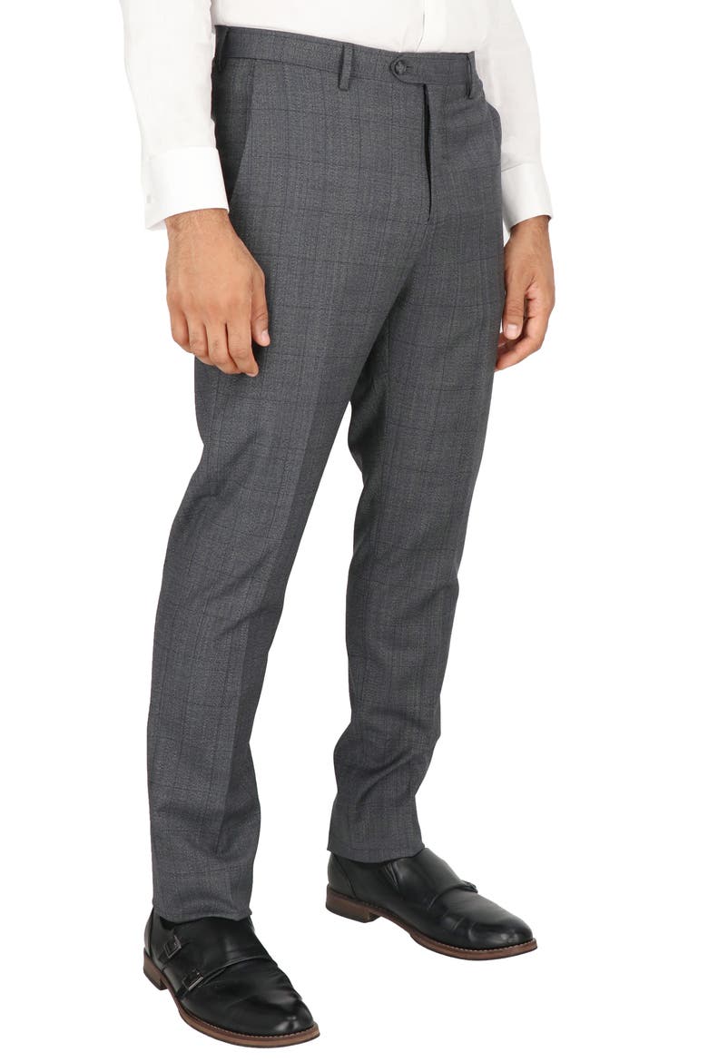 Grey Windowpane Check Flat Front Stretch Wool Dress Pants, Alternate, color, GREY WINDOWPANE