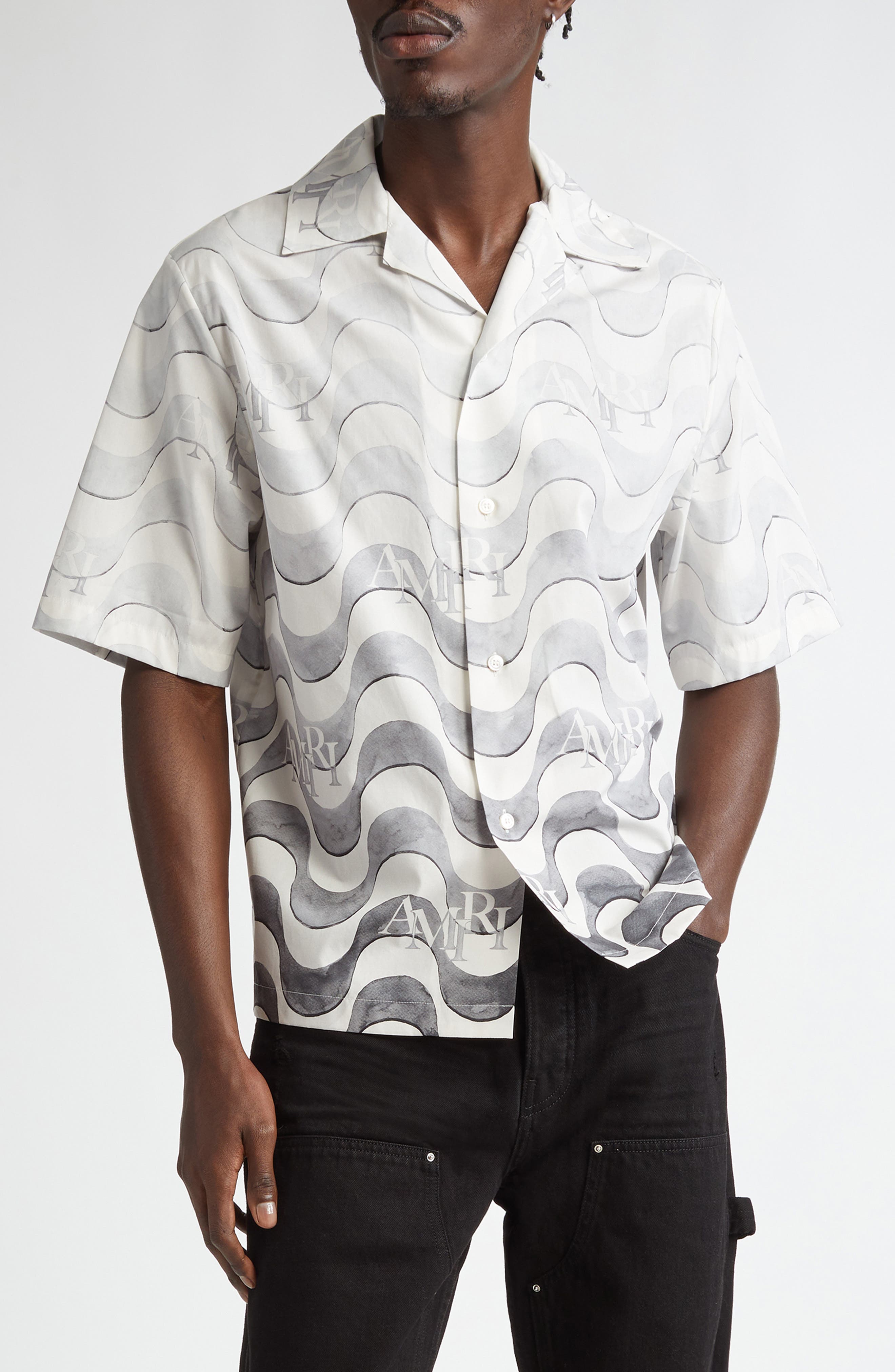 Staggered Logo Wave Cotton Camp Shirt