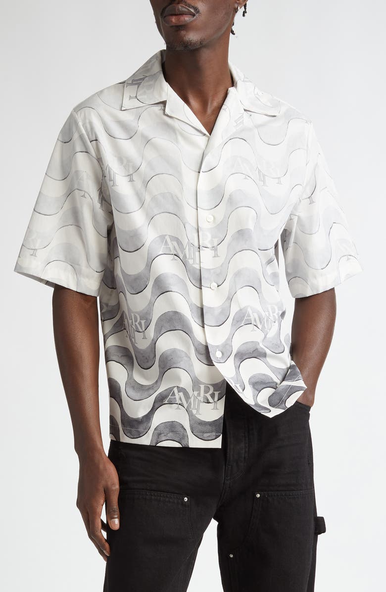 AMIRI Staggered Logo Wave Cotton Camp Shirt, Main, color, Grey