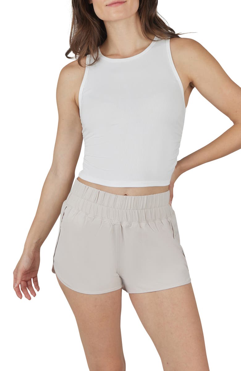 YOGALICIOUS Heavenly Phoebe Rib Knit Crop Tank & Hi-Rise Shorts 2-Piece Set, Main, color, Cloud Dancer-Mist Sand