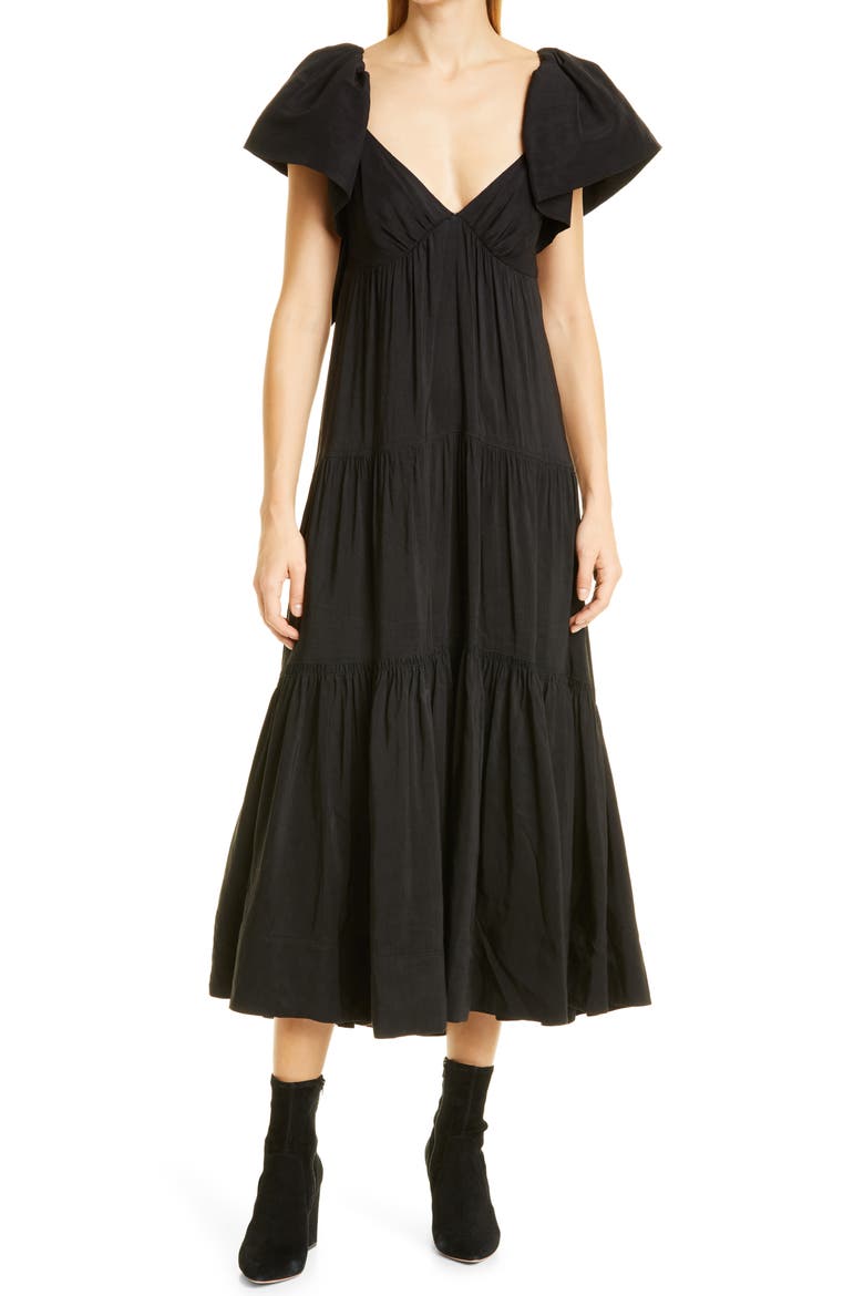 Ruffle Shoulder Open Back Linen Blend Midi Dress, Main, color, BLACK