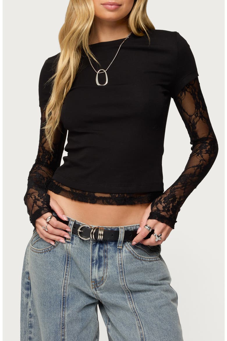 Layered Lace Sleeve T-Shirt, Main, color, BLACK