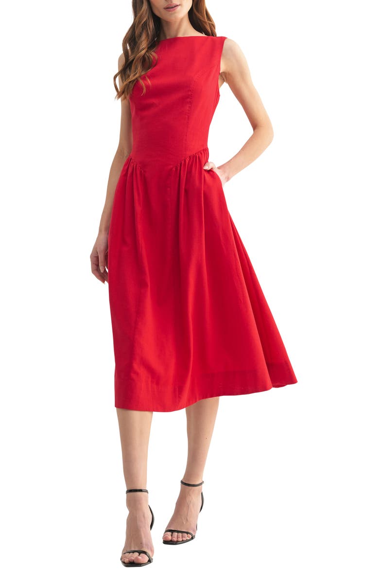 Sleeveless Back Bow Fit & Flare Midi Dress, Main, color, RED