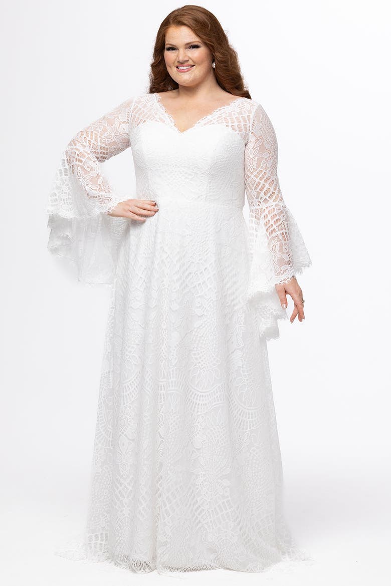 Boho Bell Sleeves Plus-Size Wedding Dress, Main, color, Diamond white