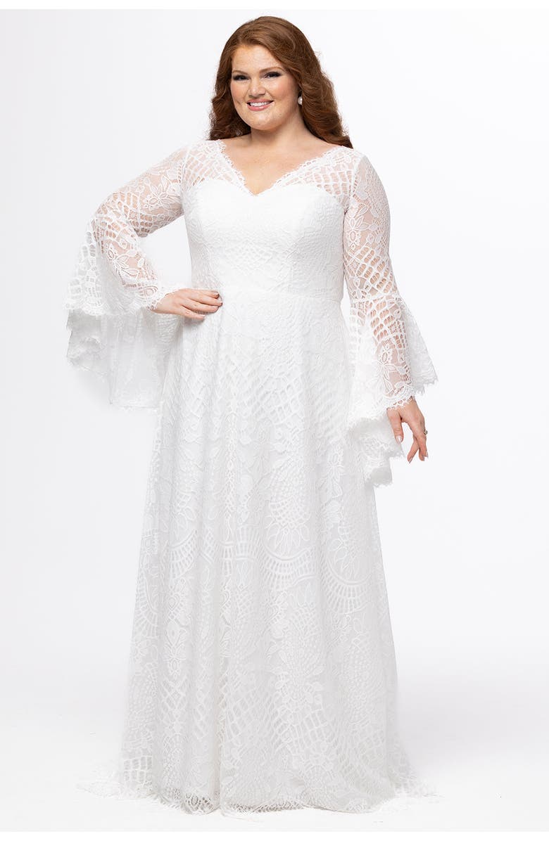 Celebrations by Sydney's Closet Boho Bell Sleeves Plus-Size Wedding Dress, Main, color, Diamond White